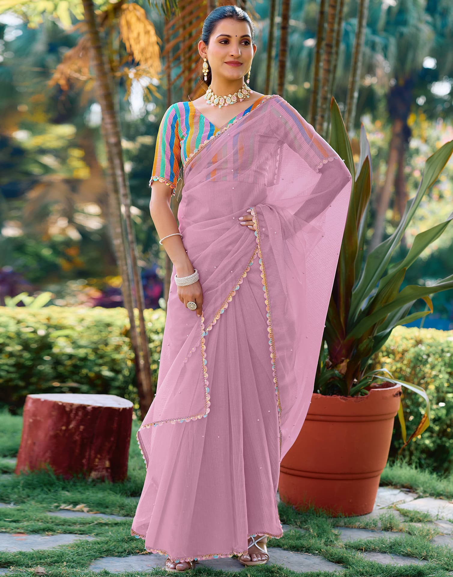 Pink Shimmer Net Pearl Work Embellished Saree