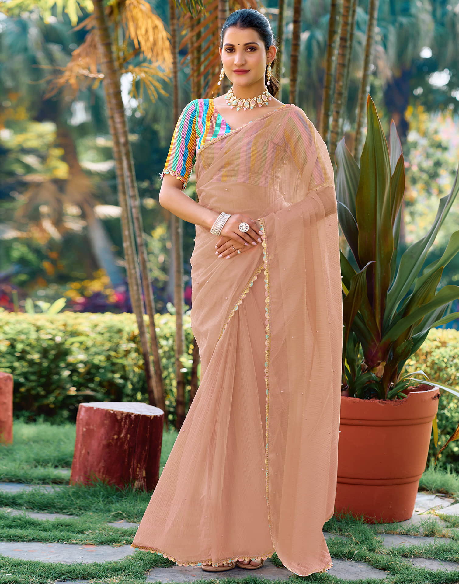 Peach Shimmer Net Pearl Work Embellished Saree