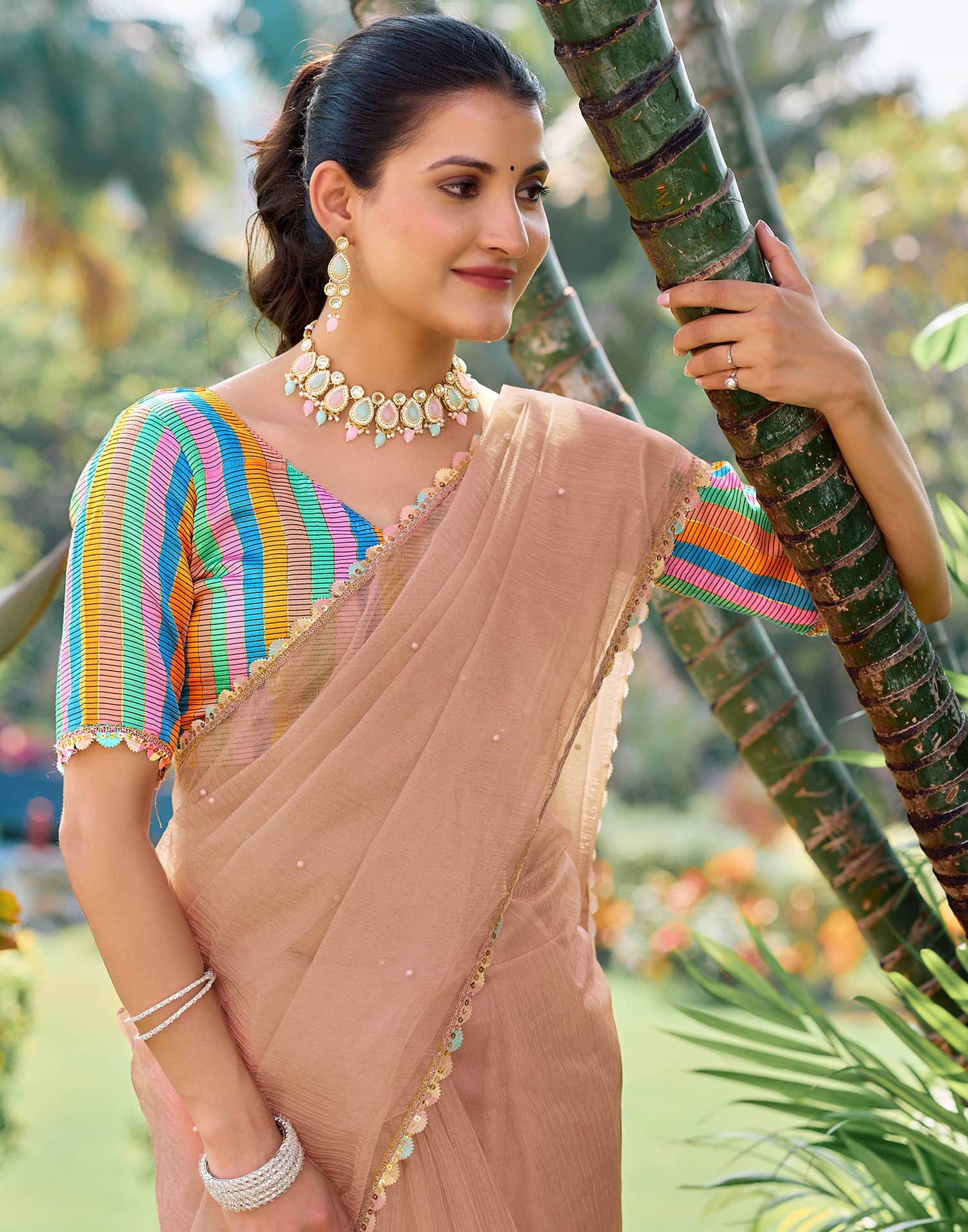 Peach Shimmer Net Pearl Work Embellished Saree