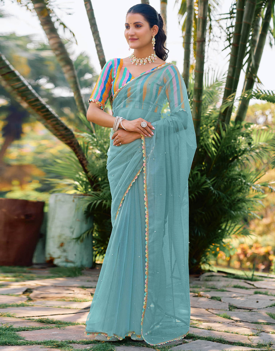 Blue Shimmer Net Pearl Work Embellished Saree