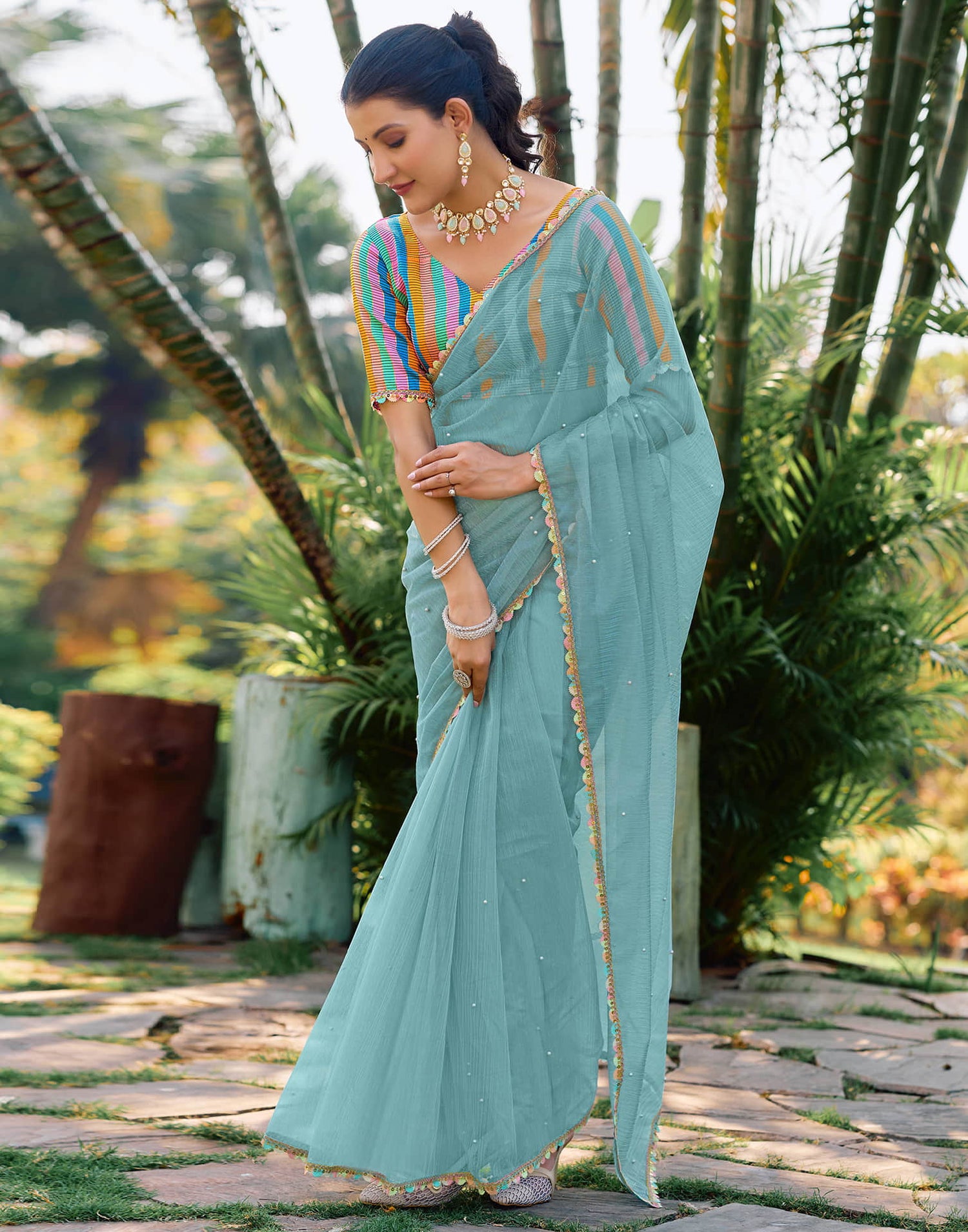 Blue Shimmer Net Pearl Work Embellished Saree