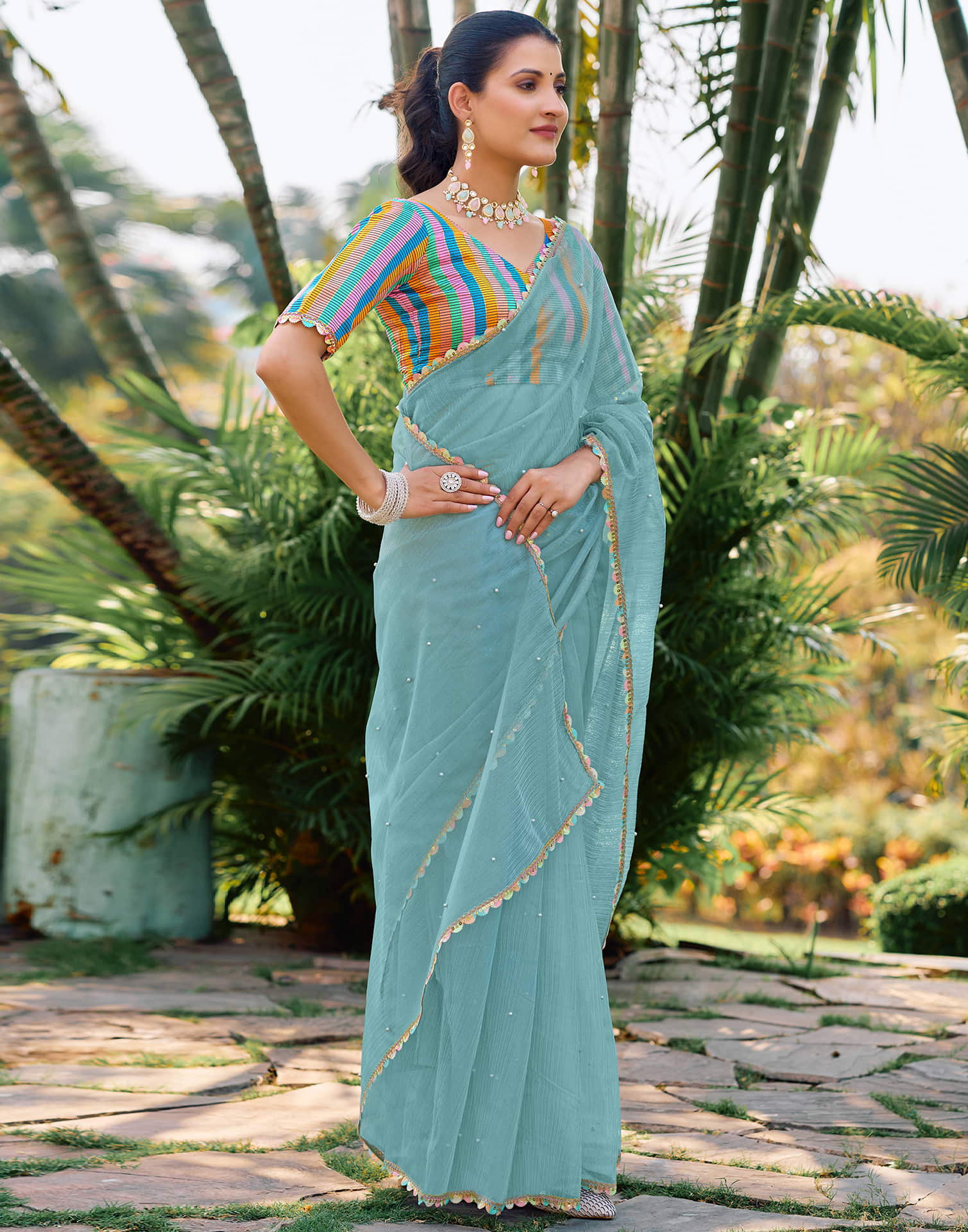 Blue Shimmer Net Pearl Work Embellished Saree