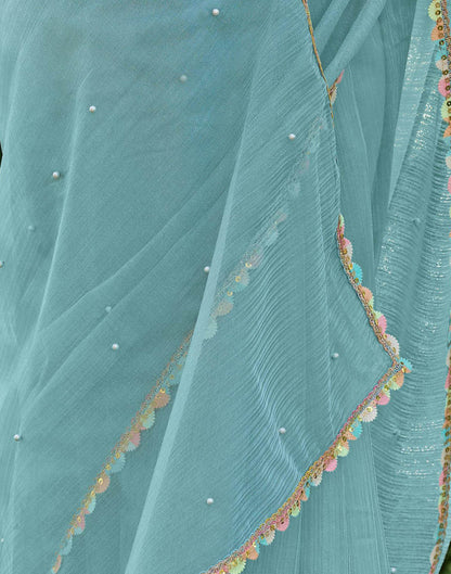 Blue Shimmer Net Pearl Work Embellished Saree