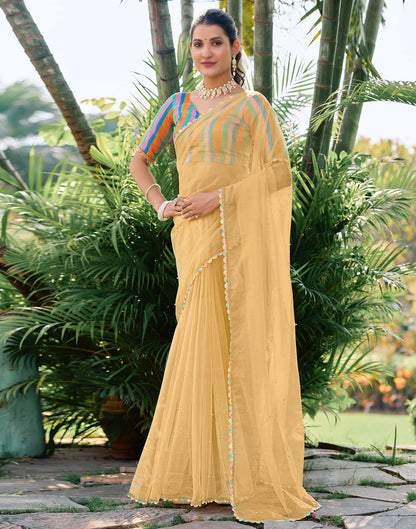 Light Yellow Shimmer Net Pearl Work Embellished Saree