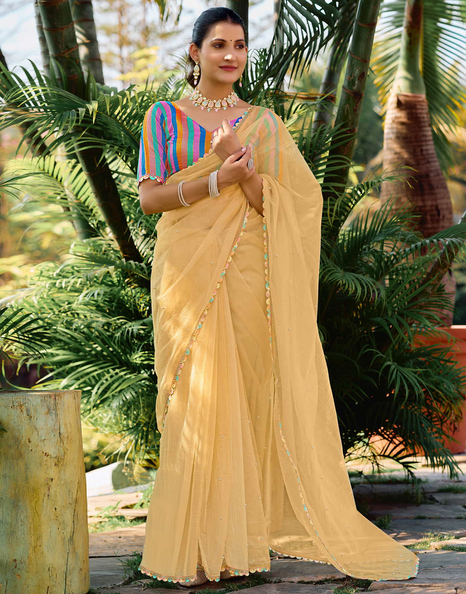 Light Yellow Shimmer Net Pearl Work Embellished Saree