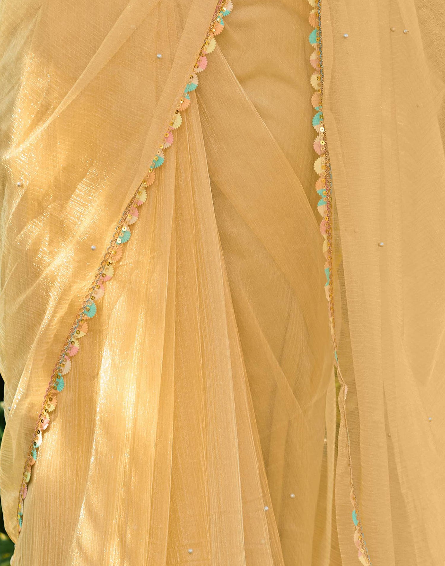 Light Yellow Shimmer Net Pearl Work Embellished Saree