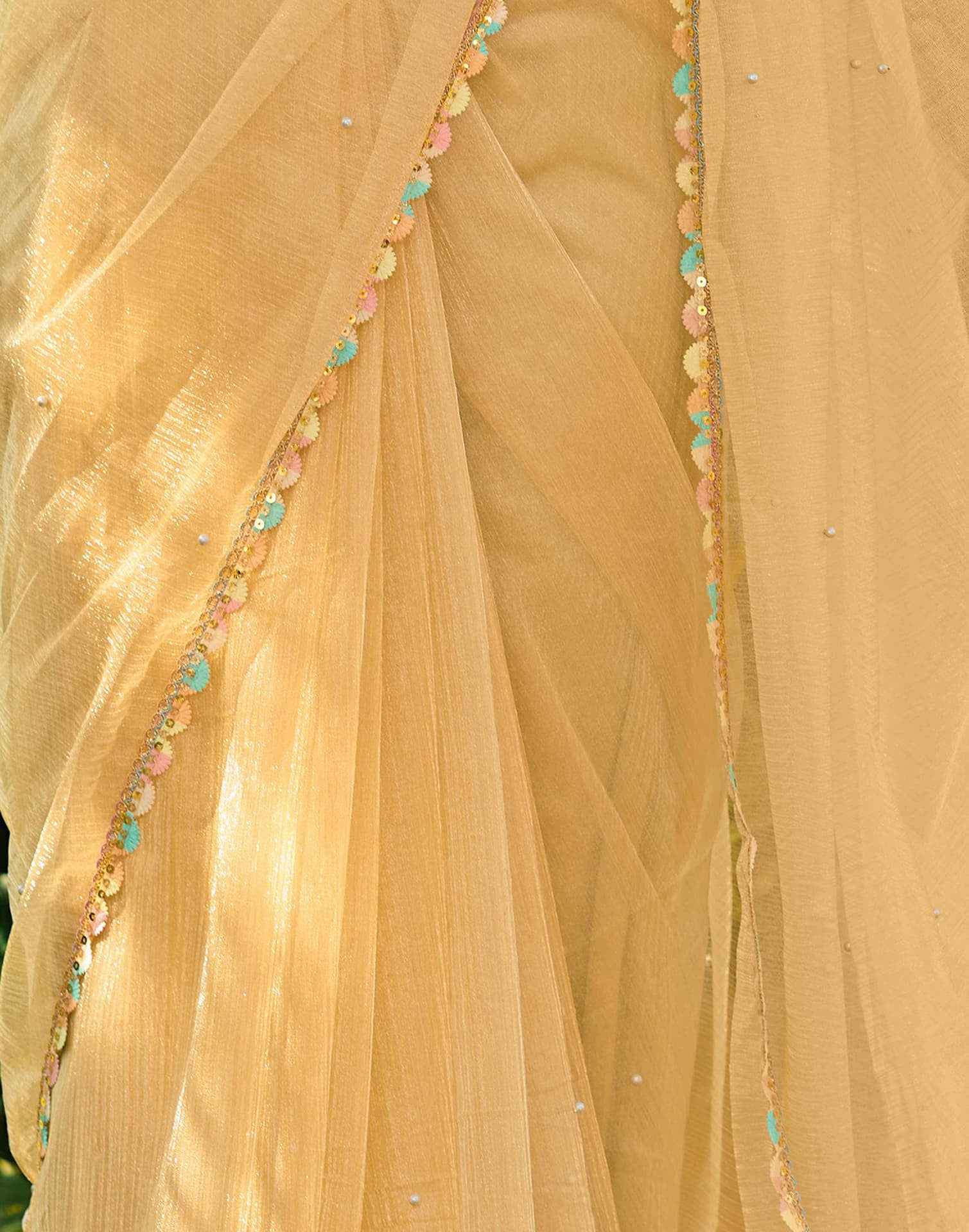 Light Yellow Shimmer Net Pearl Work Embellished Saree