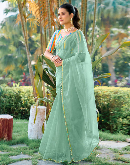 Pista Green Shimmer Net Pearl Work Embellished Saree