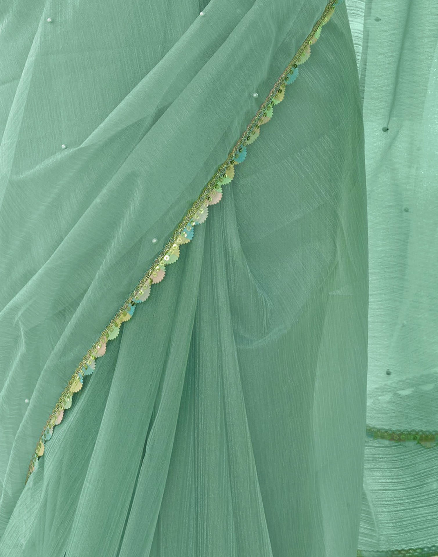 Pista Green Shimmer Net Pearl Work Embellished Saree