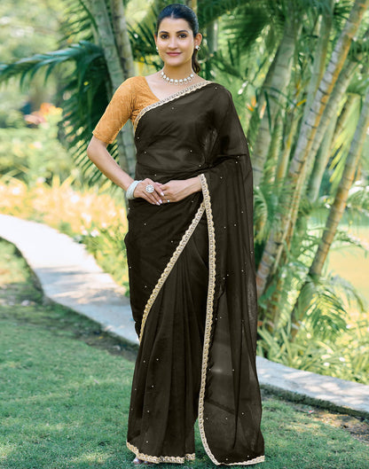 Dark Olive Green Shimmer Net Pearl Work Embellished Saree