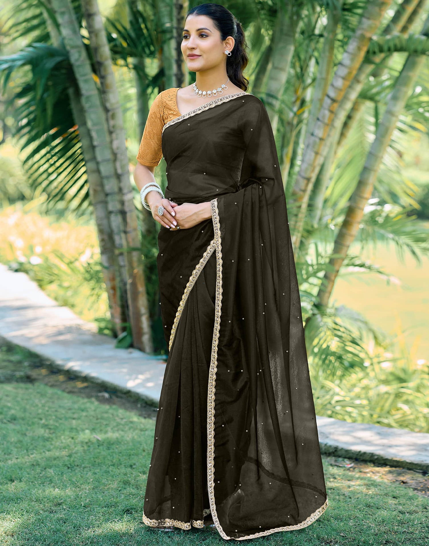 Dark Olive Green Shimmer Net Pearl Work Embellished Saree