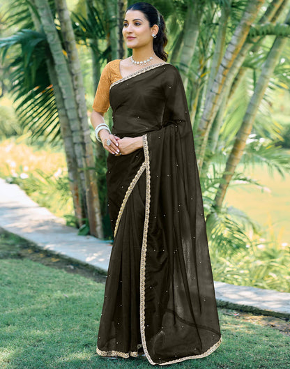 Dark Olive Green Shimmer Net Pearl Work Embellished Saree