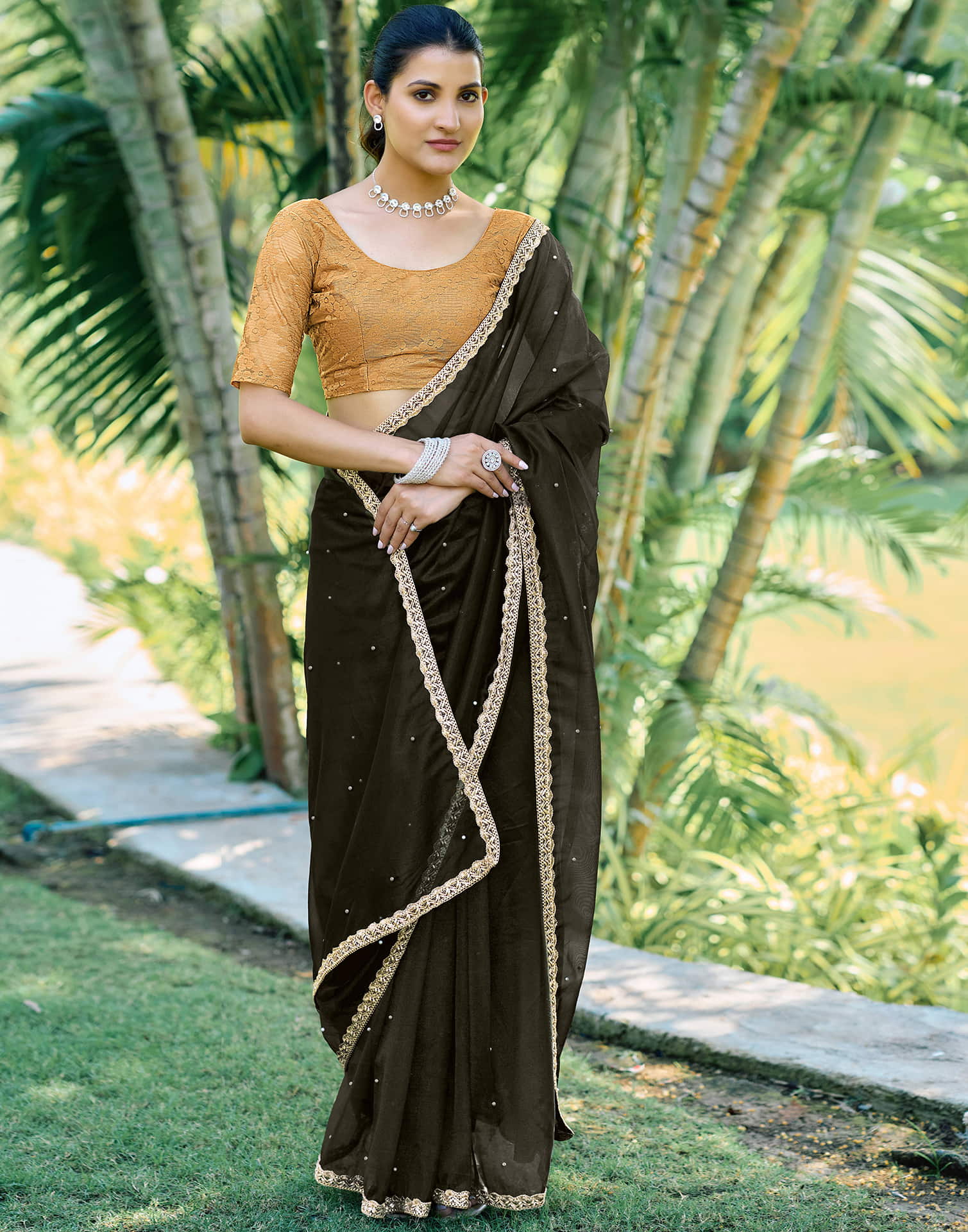 Dark Olive Green Shimmer Net Pearl Work Embellished Saree