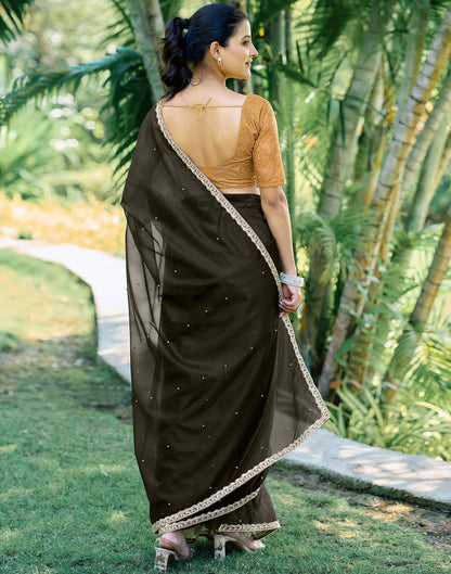 Dark Olive Green Shimmer Net Pearl Work Embellished Saree