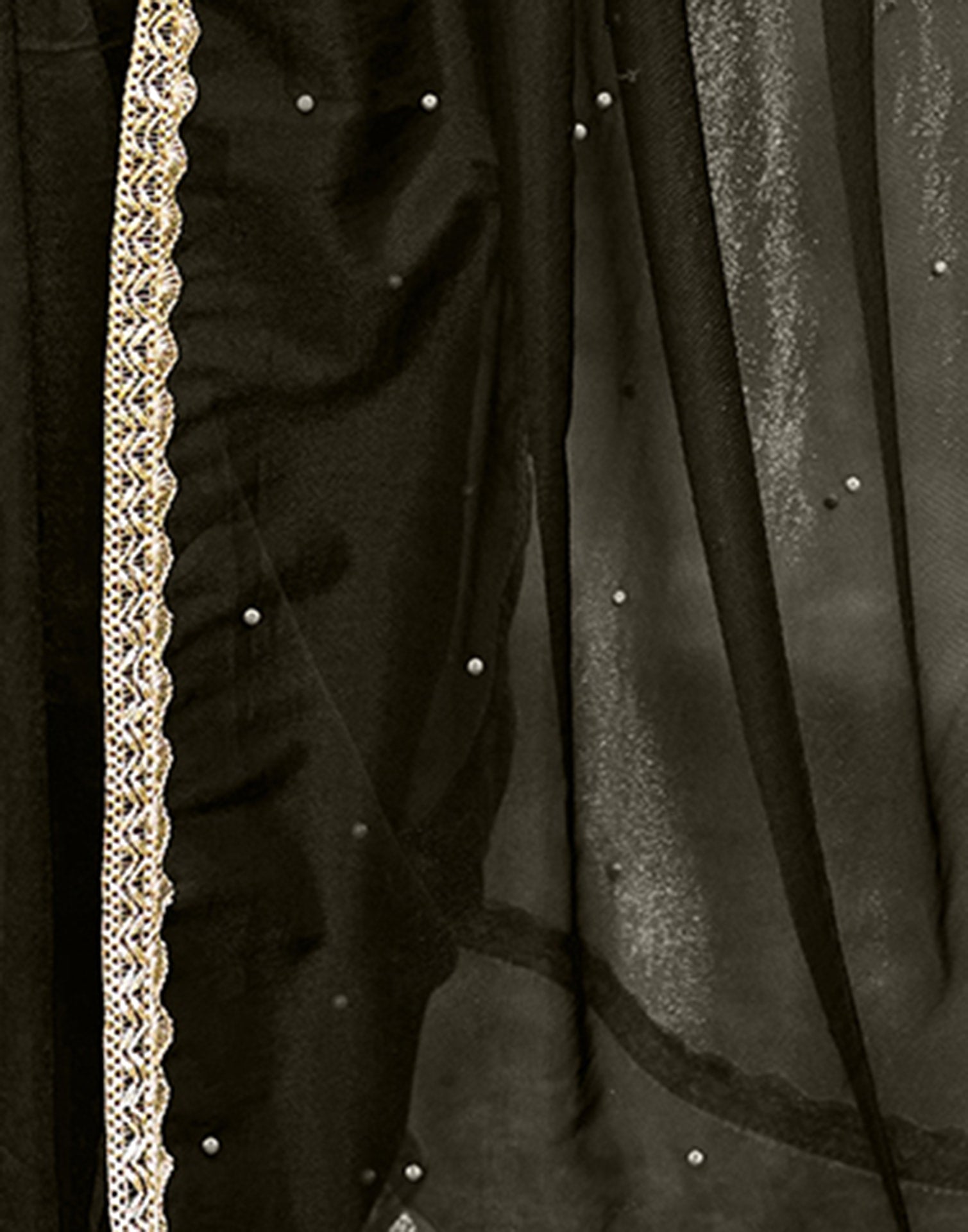 Dark Olive Green Shimmer Net Pearl Work Embellished Saree