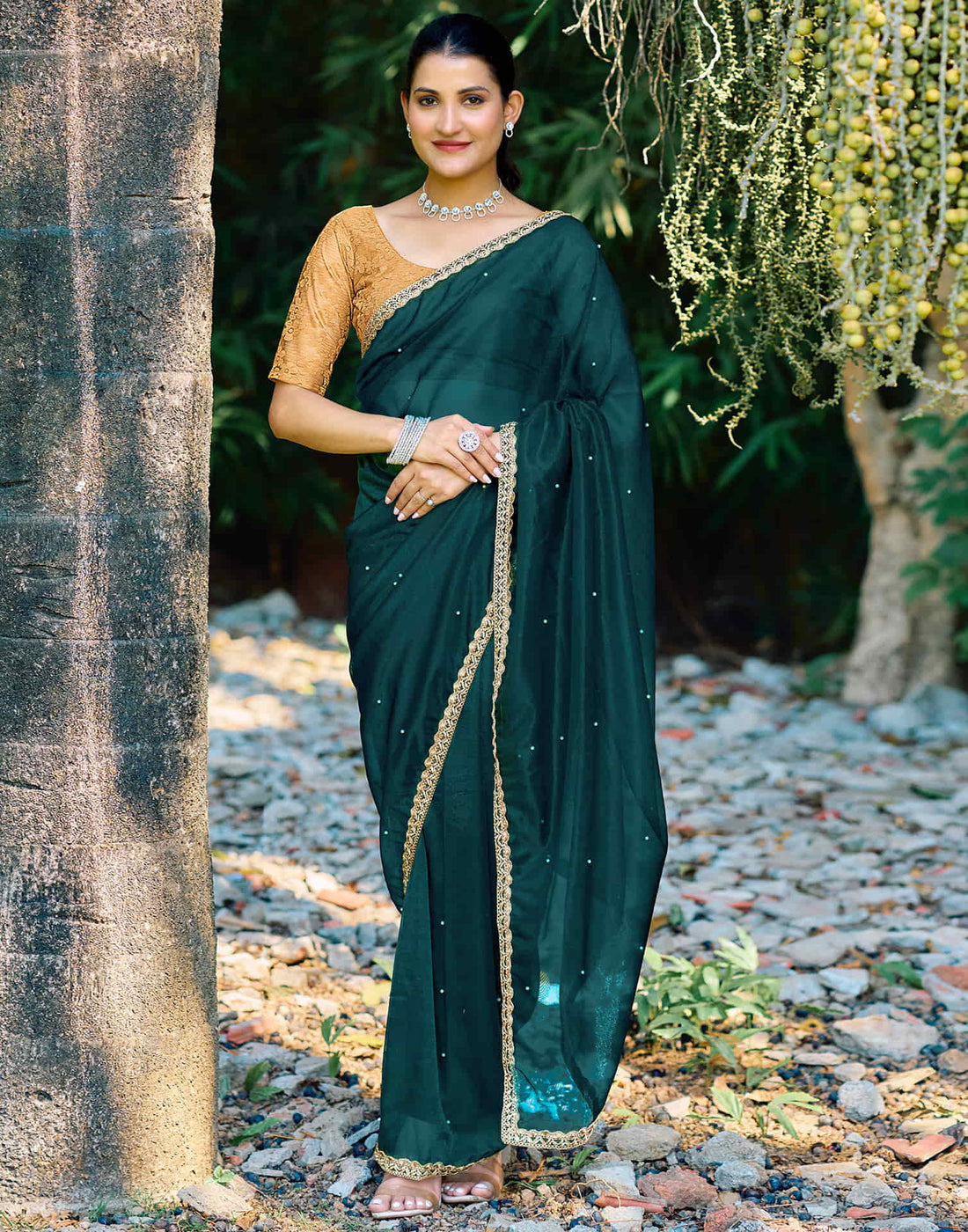 Rama Green Shimmer Net Pearl Work Embellished Saree