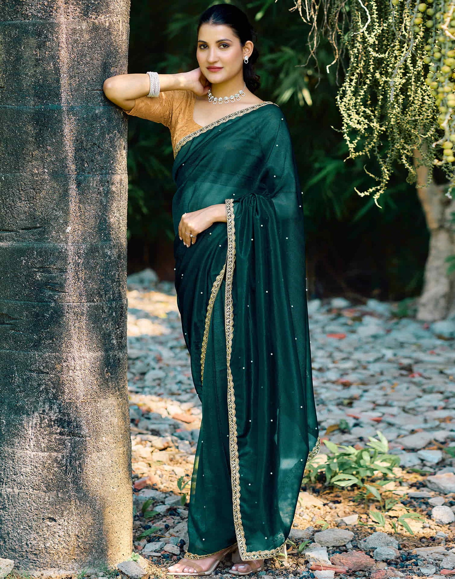 Rama Green Shimmer Net Pearl Work Embellished Saree