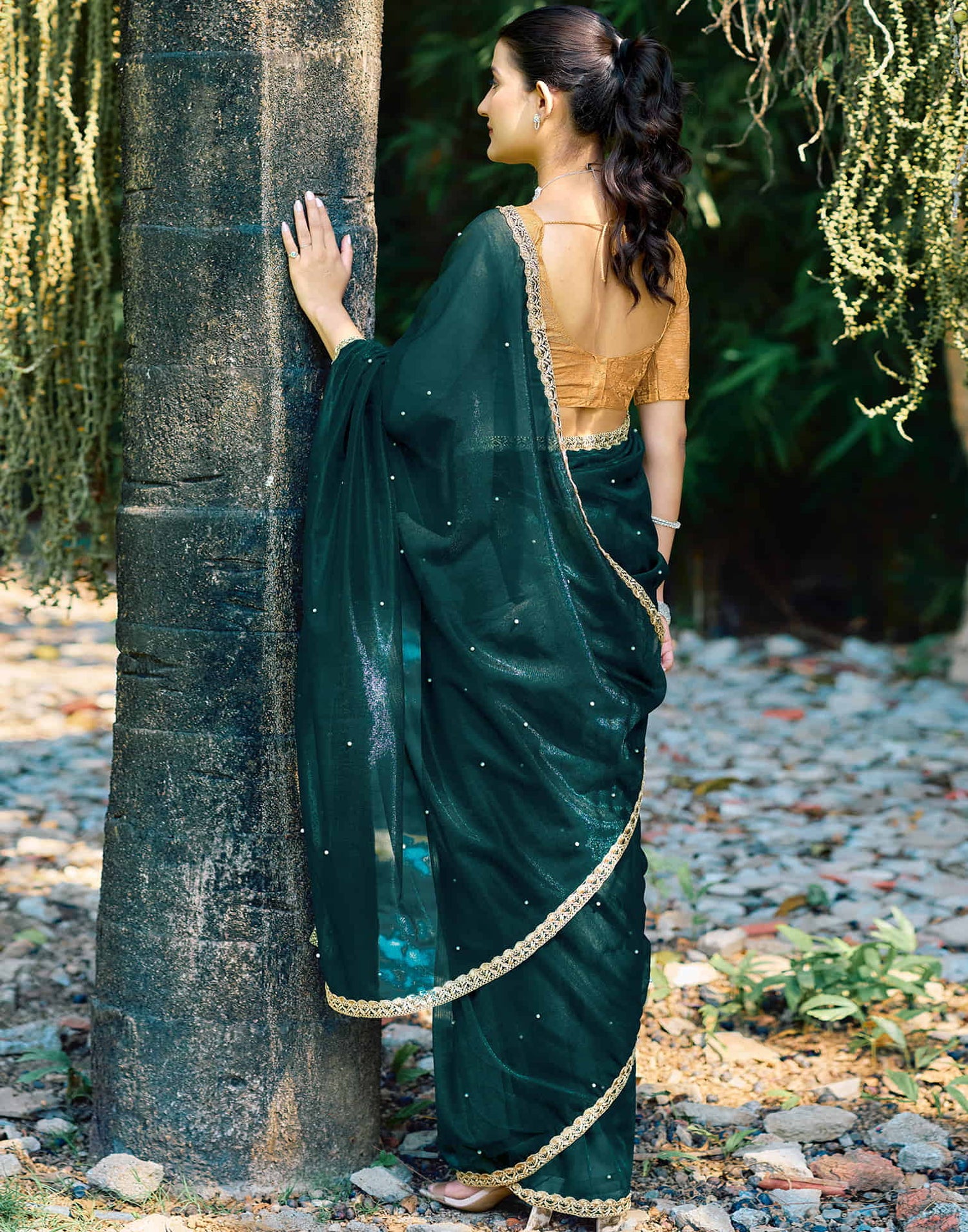 Rama Green Shimmer Net Pearl Work Embellished Saree