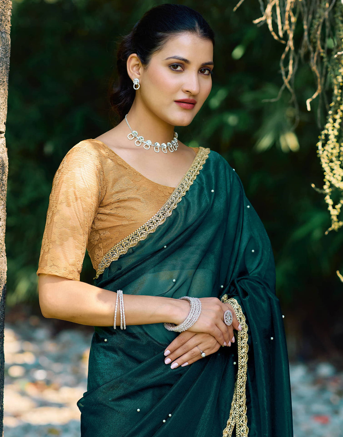 Rama Green Shimmer Net Pearl Work Embellished Saree