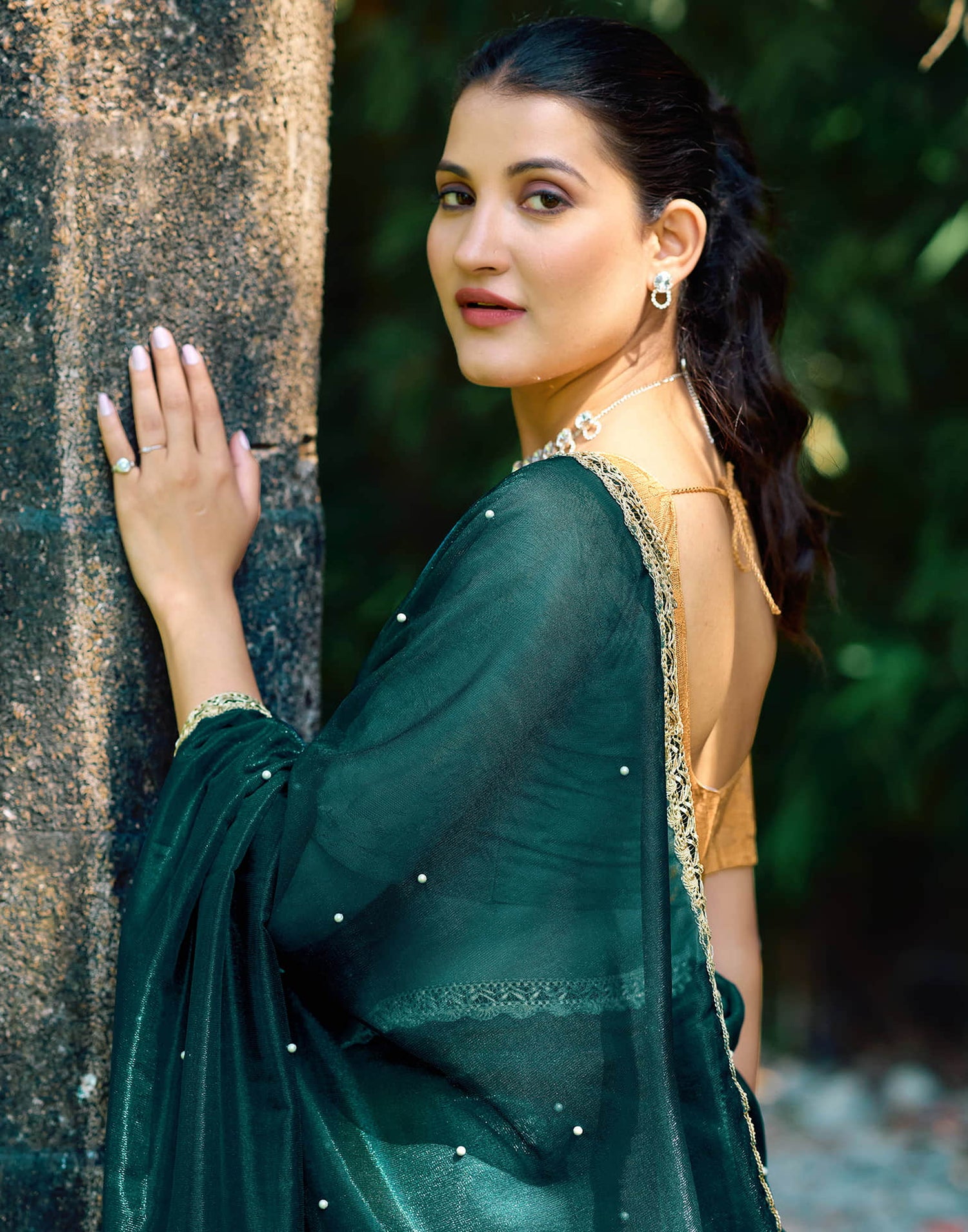 Rama Green Shimmer Net Pearl Work Embellished Saree