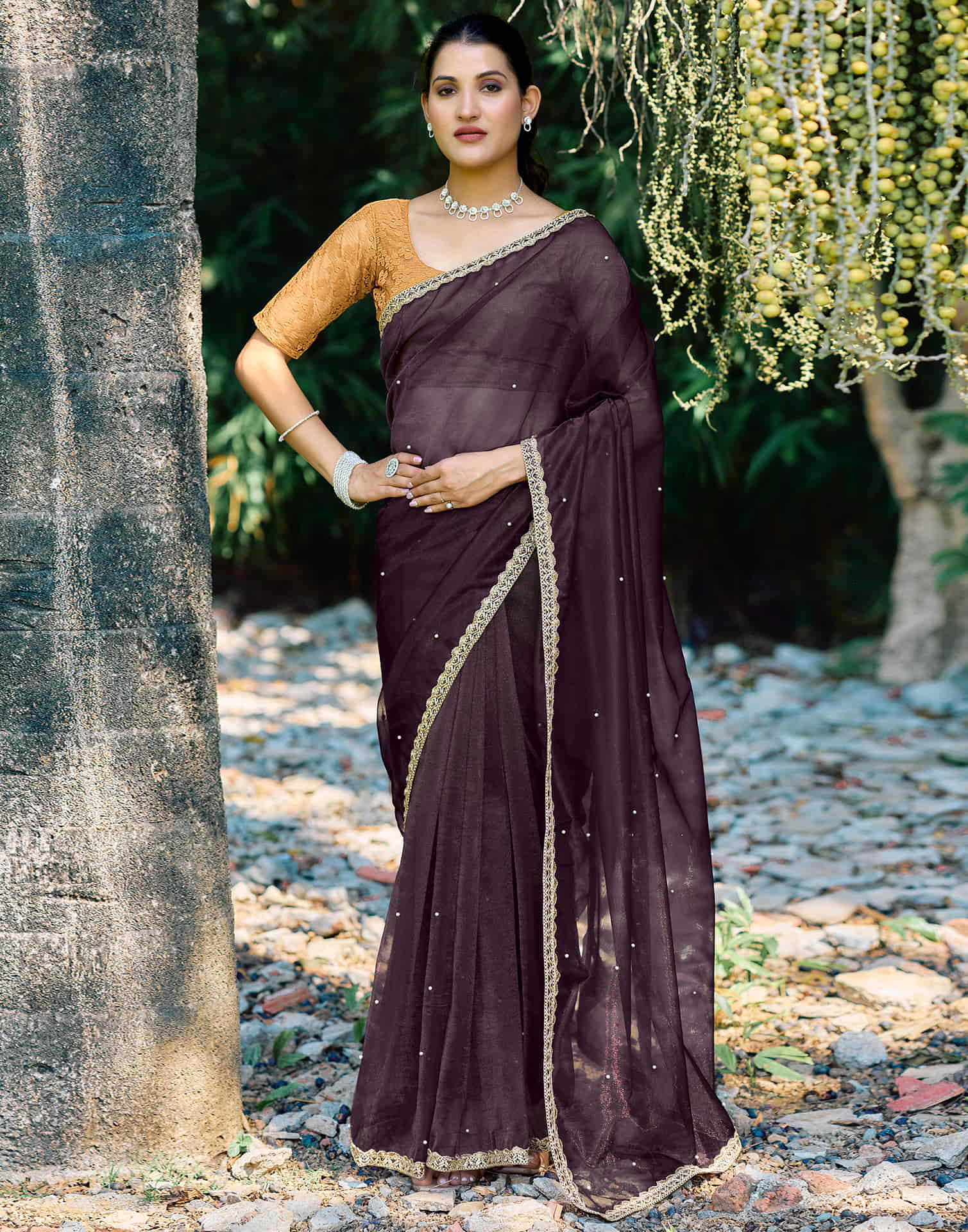 Wine Shimmer Net Pearl Work Embellished Saree