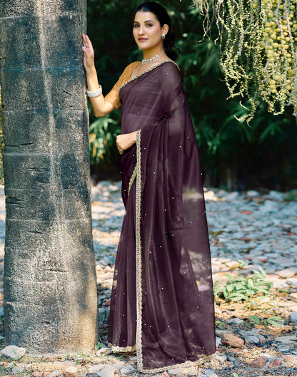 Wine Shimmer Net Pearl Work Embellished Saree