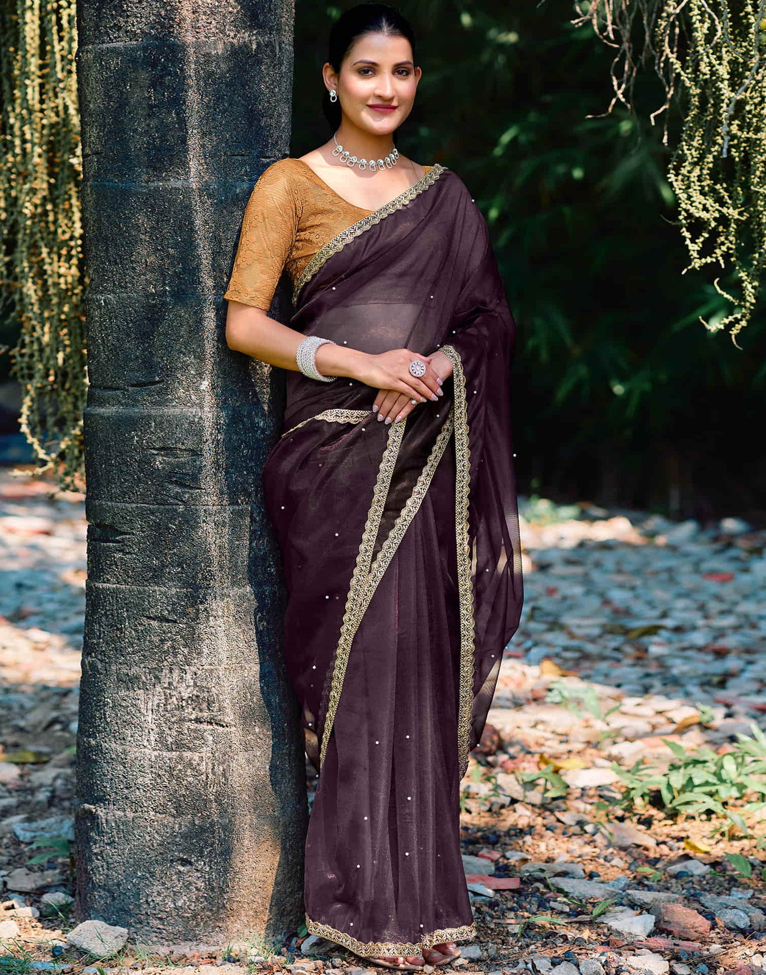 Wine Shimmer Net Pearl Work Embellished Saree