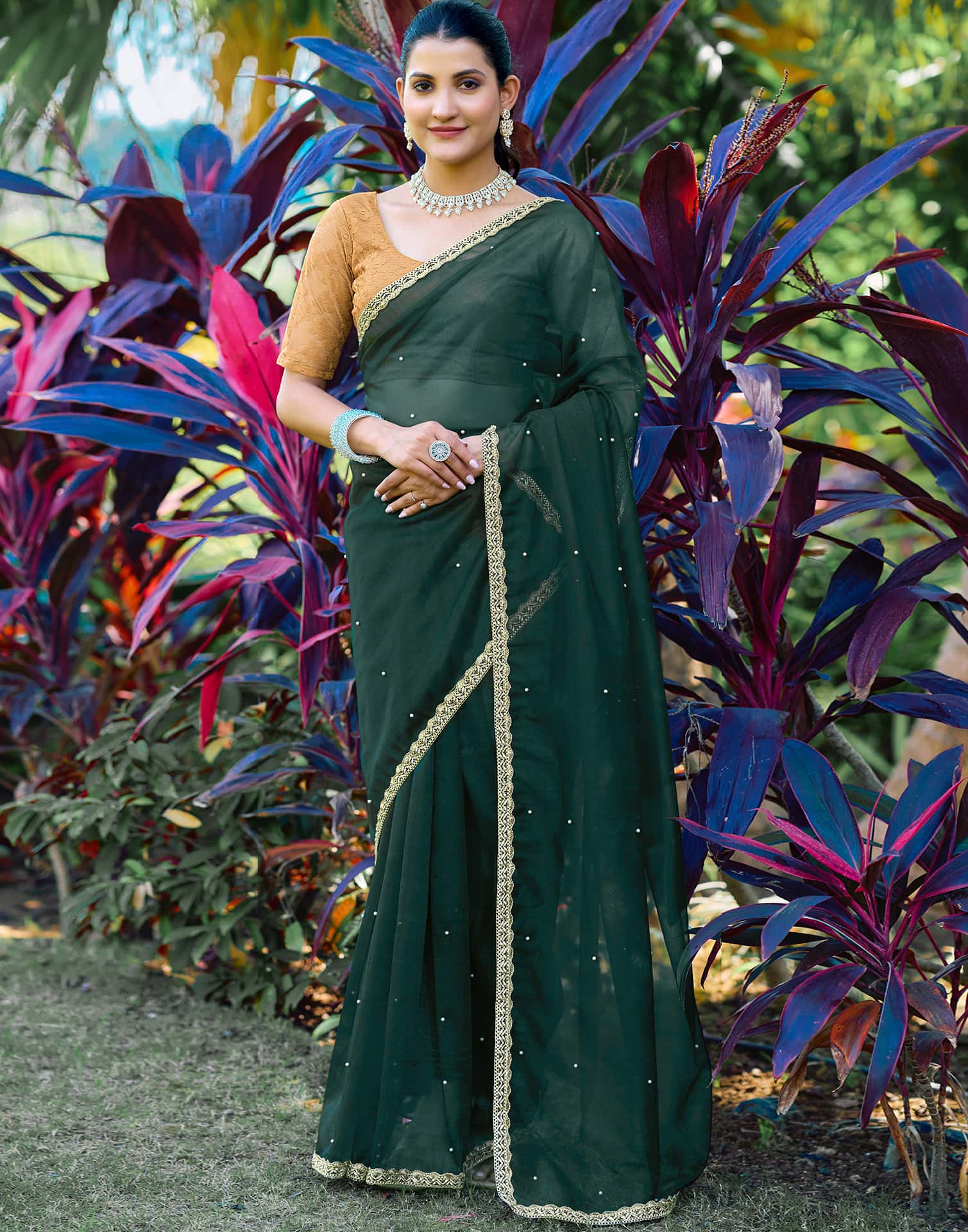 Dark Green Shimmer Net Pearl Work Embellished Saree