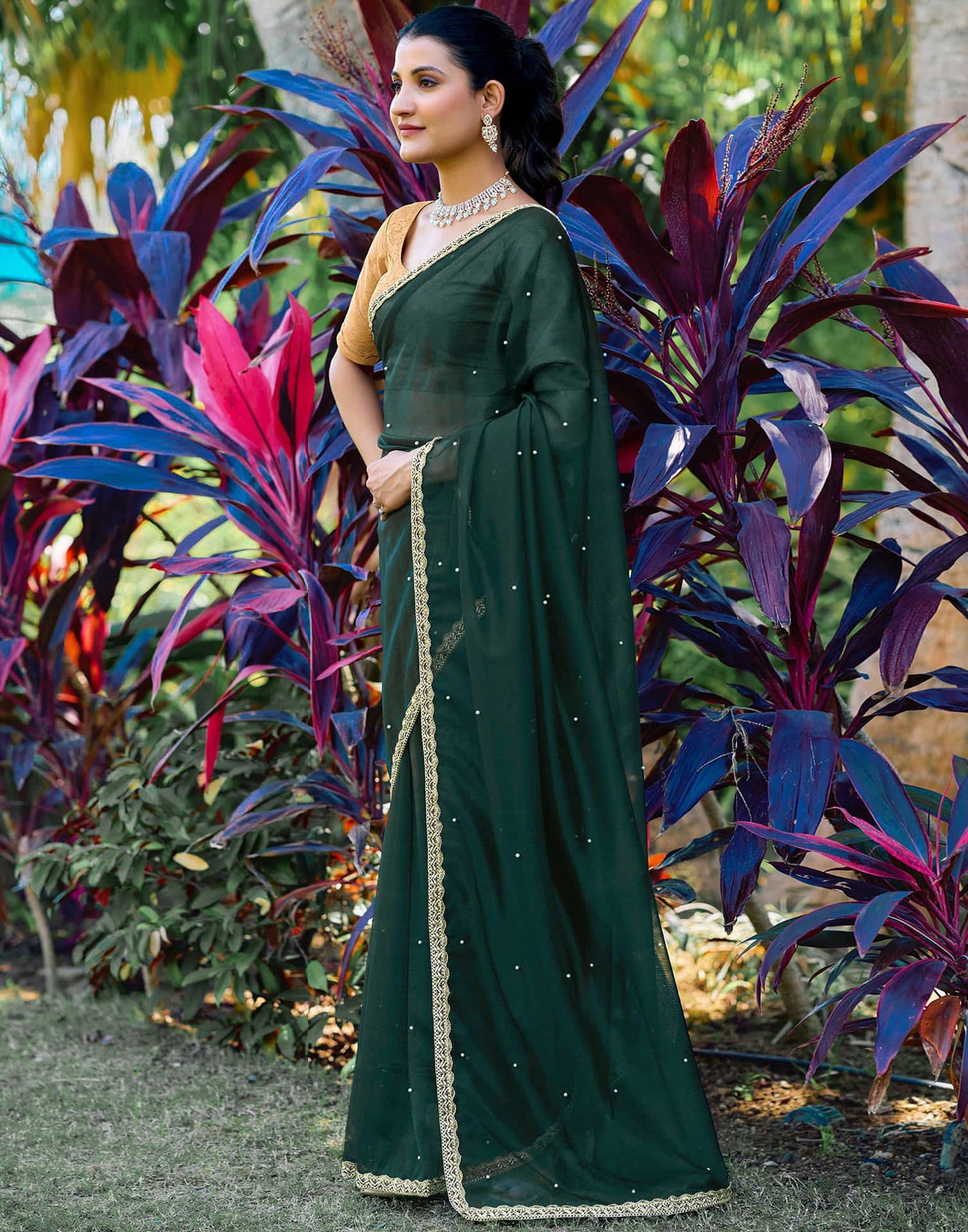 Dark Green Shimmer Net Pearl Work Embellished Saree