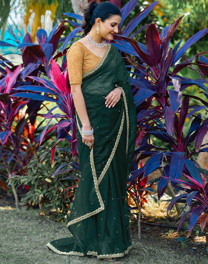 Dark Green Shimmer Net Pearl Work Embellished Saree