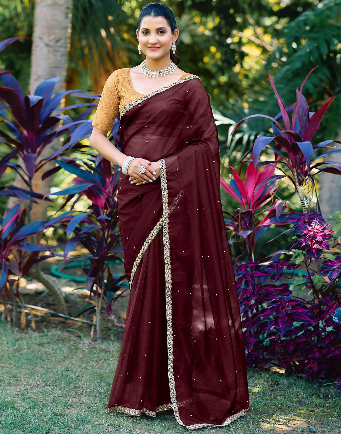 Maroon Shimmer Net Pearl Work Embellished Saree