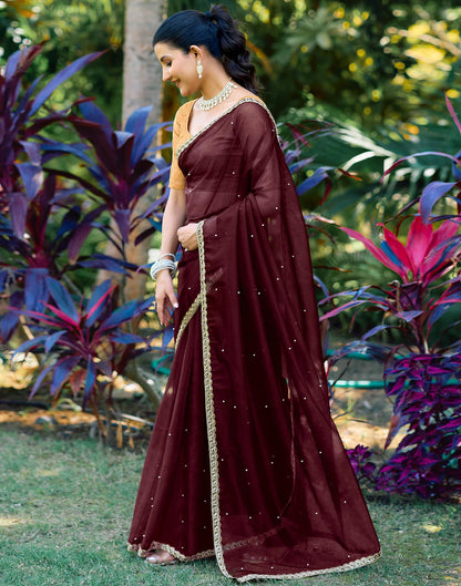 Maroon Shimmer Net Pearl Work Embellished Saree