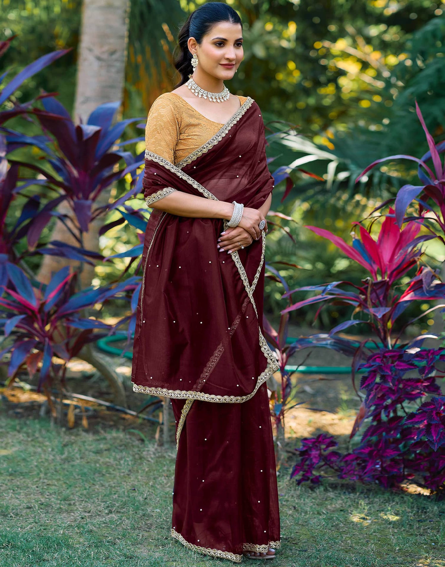 Maroon Shimmer Net Pearl Work Embellished Saree