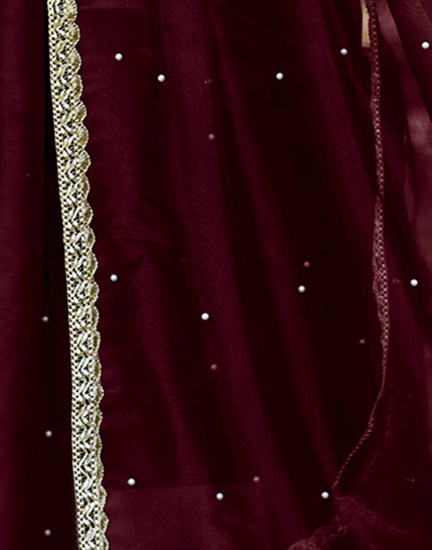 Maroon Shimmer Net Pearl Work Embellished Saree