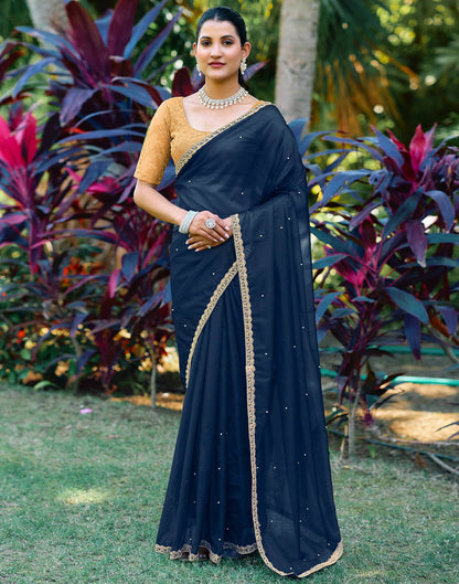 Navy Blue Shimmer Net Pearl Work Embellished Saree