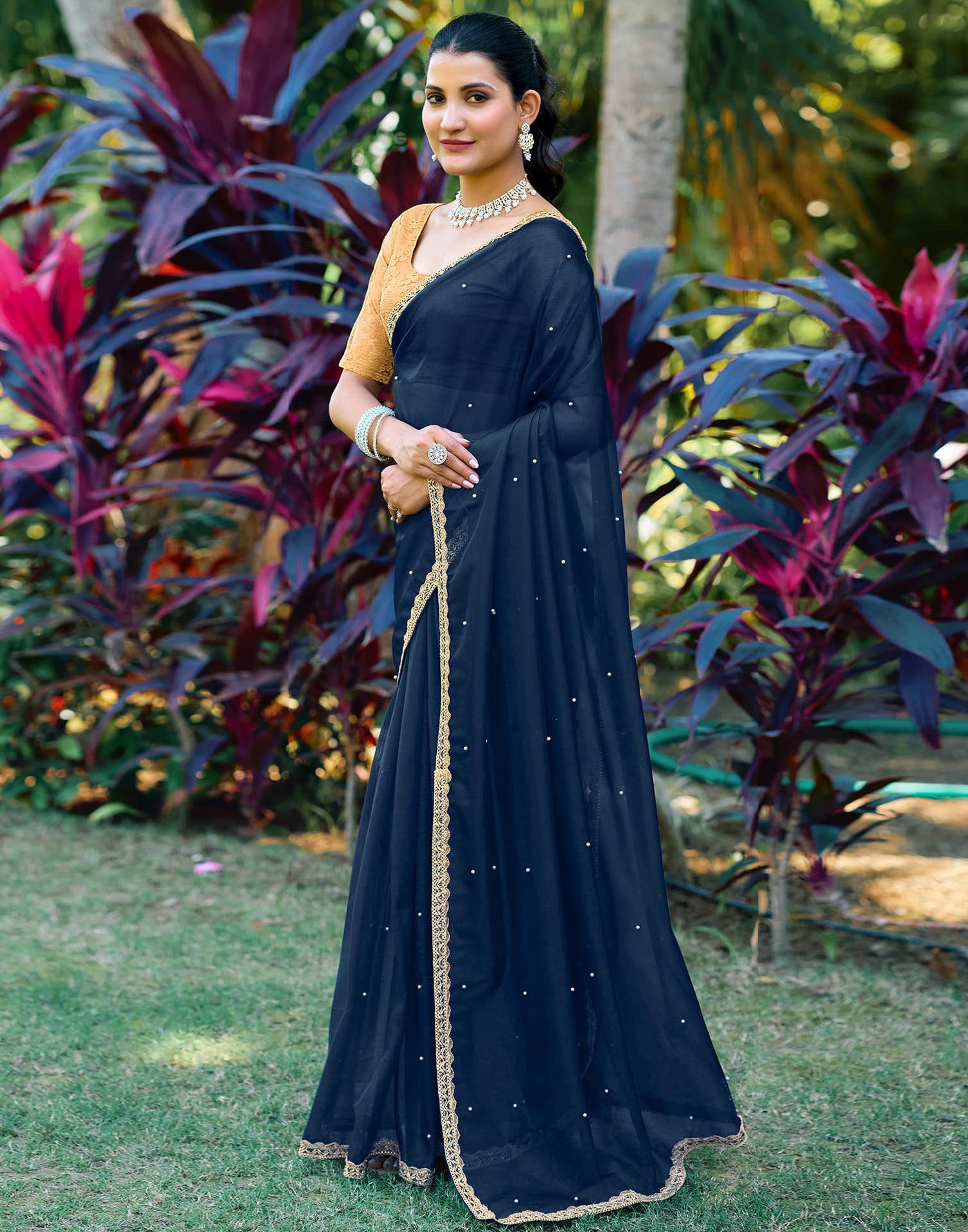 Navy Blue Shimmer Net Pearl Work Embellished Saree