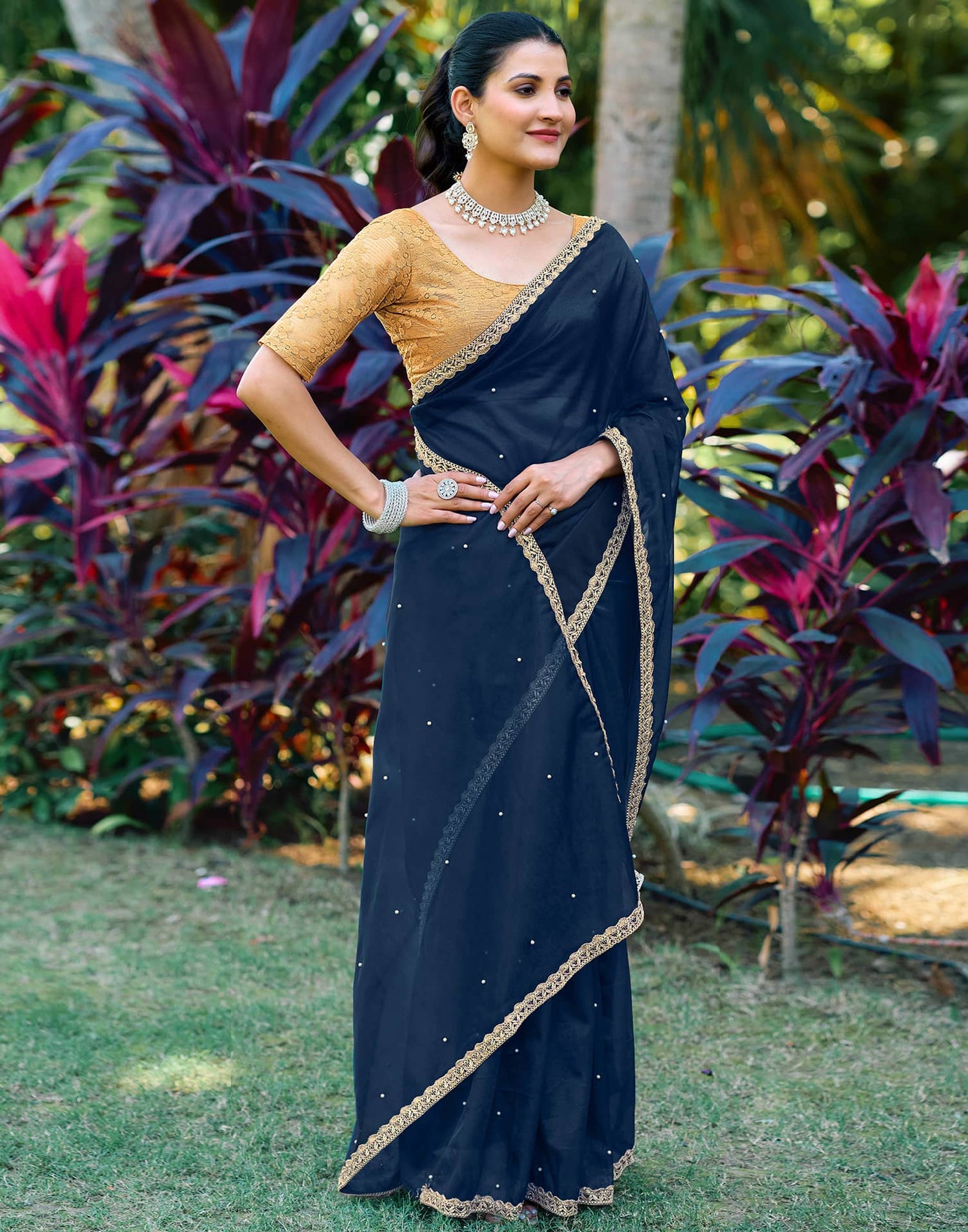 Navy Blue Shimmer Net Pearl Work Embellished Saree