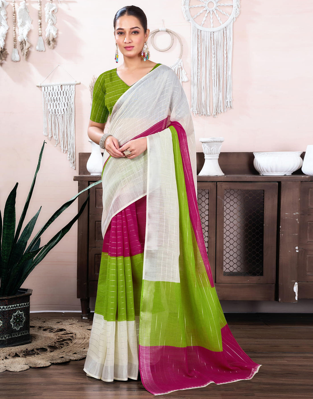 White Cotton Linen Top Dyed Printed Saree