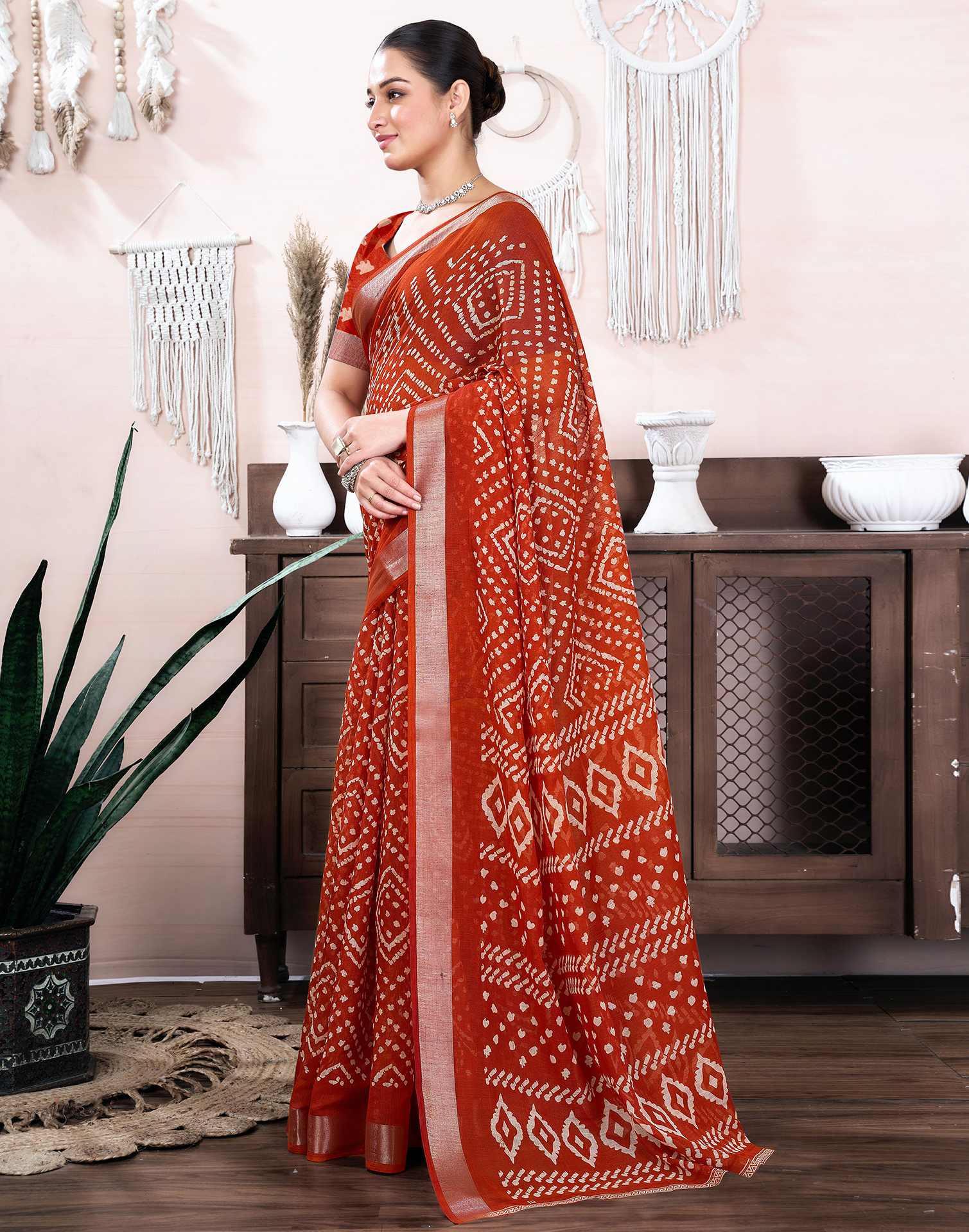 Red Cotton Linen Printed Saree