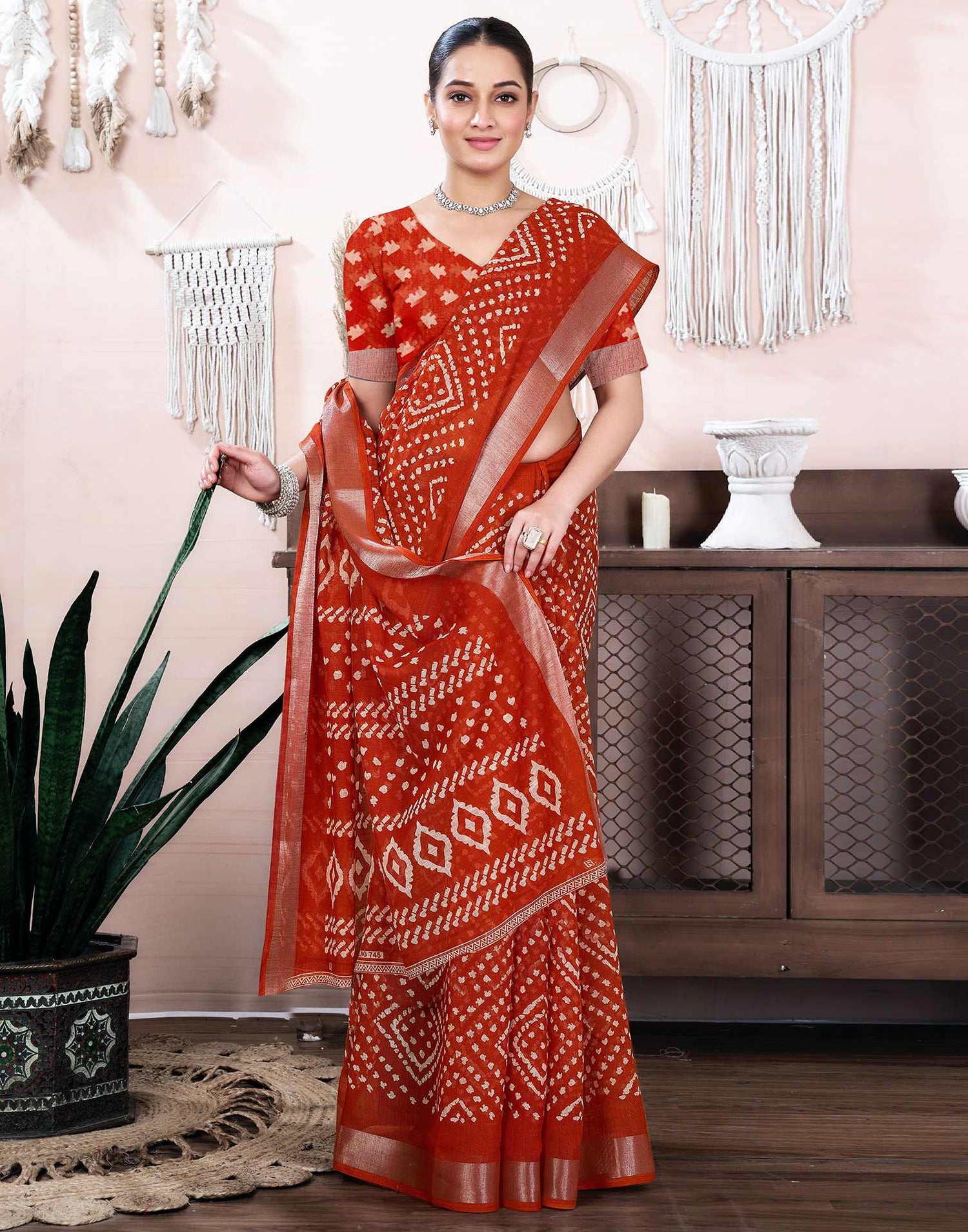 Red Cotton Linen Printed Saree