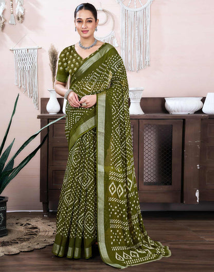 Olive Green Cotton Linen Printed Saree