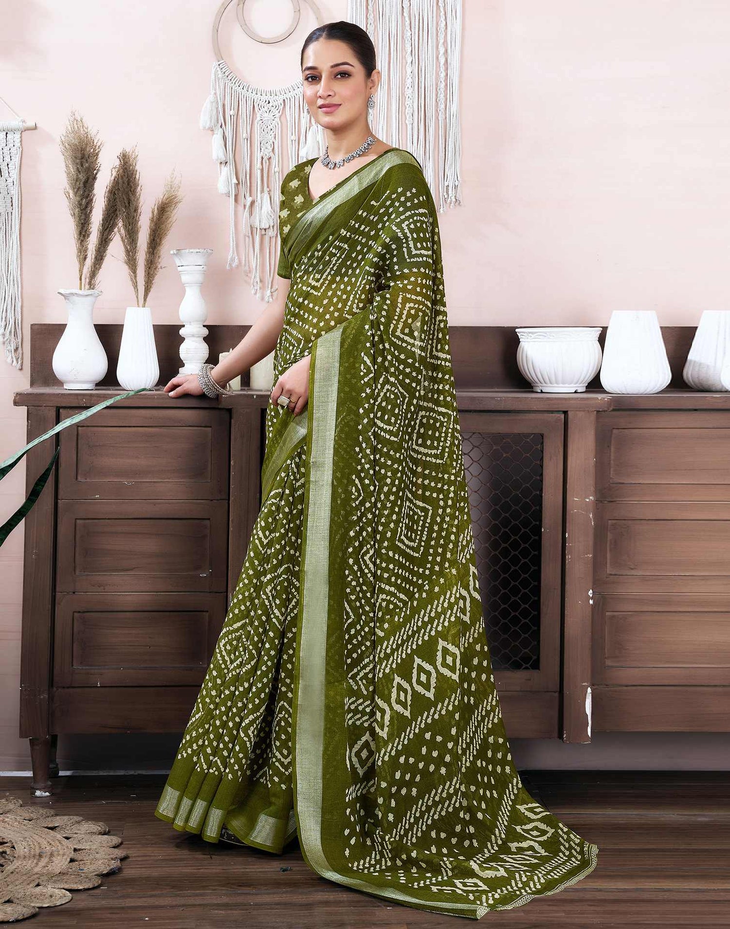 Olive Green Cotton Linen Printed Saree