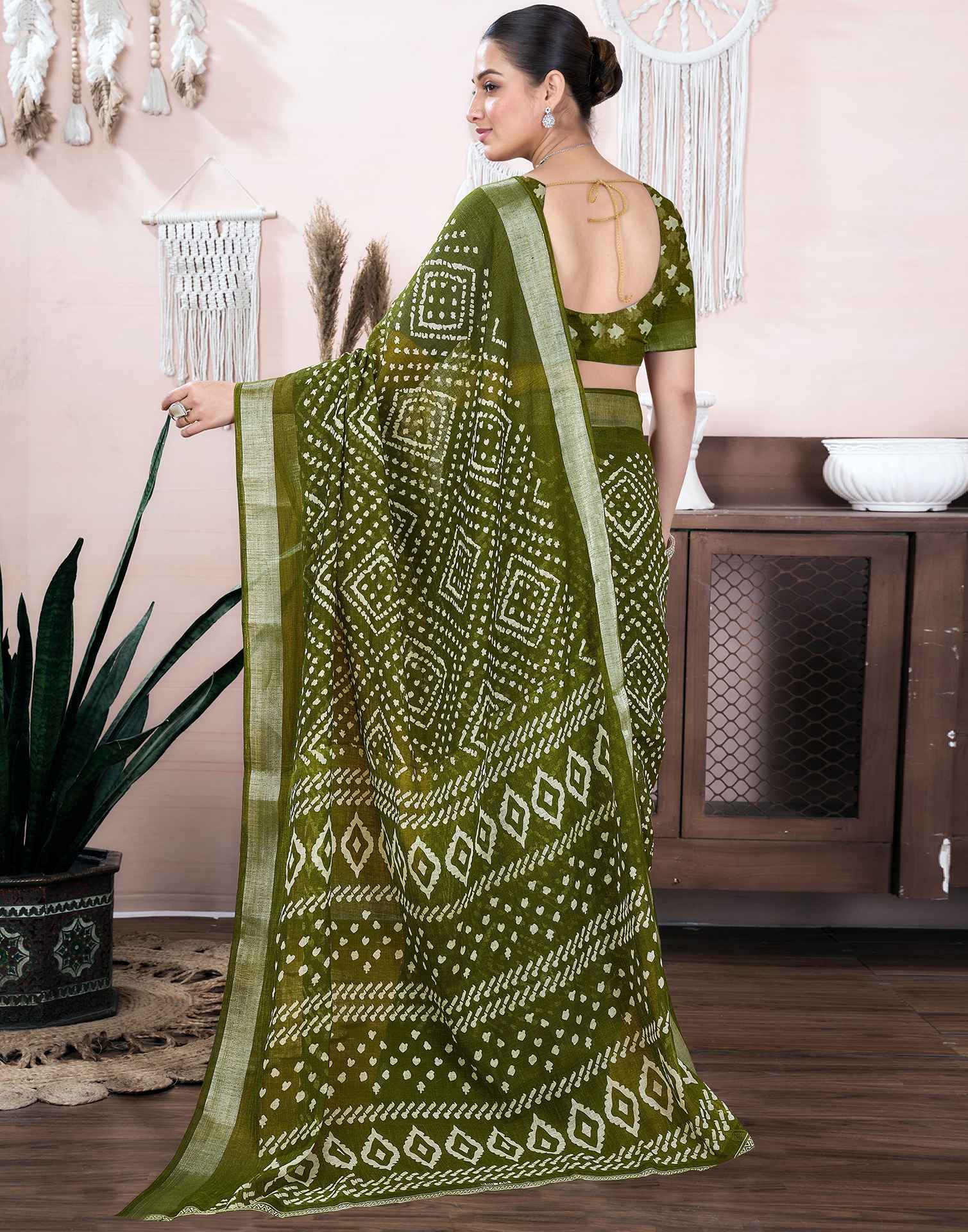 Olive Green Cotton Linen Printed Saree