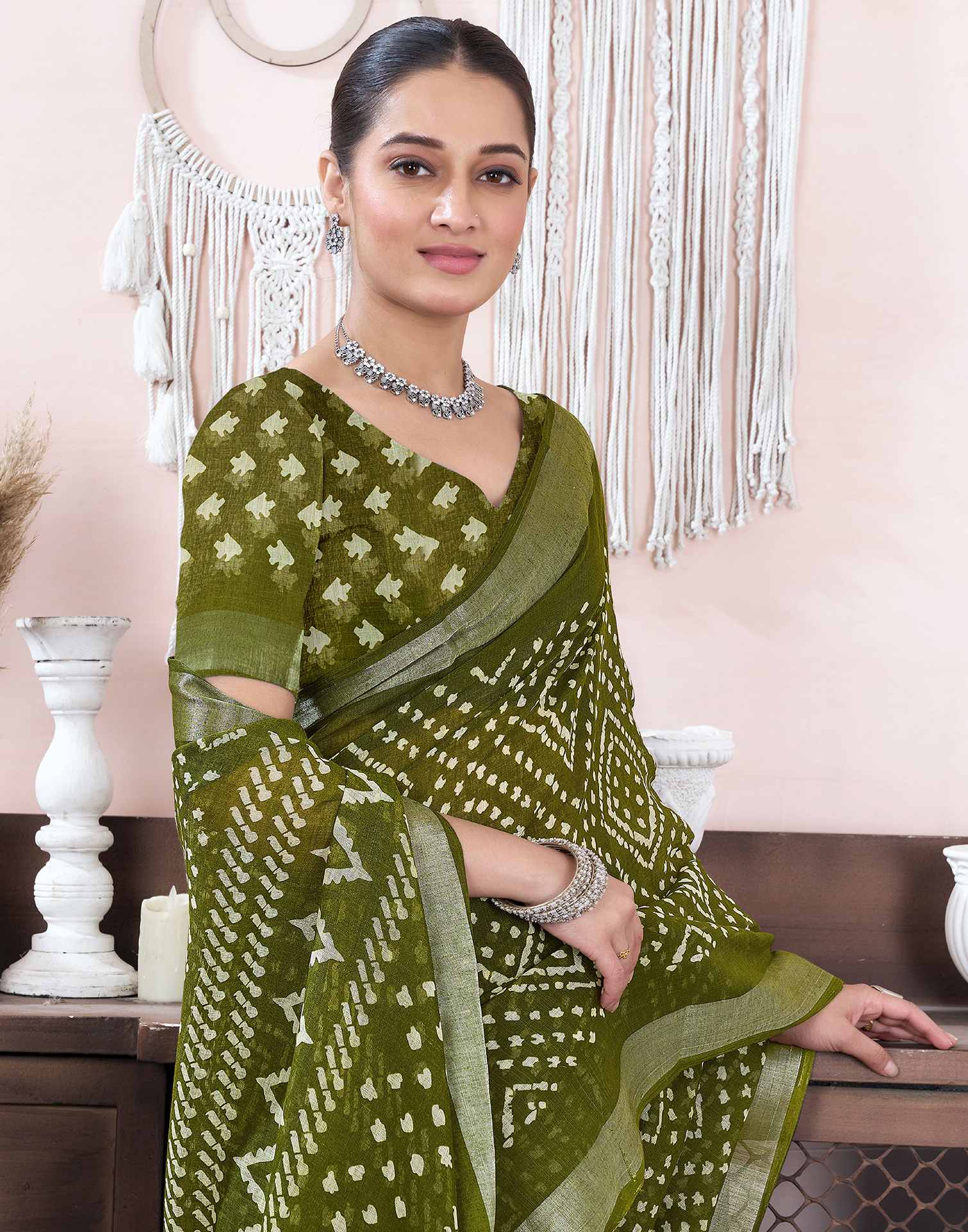 Olive Green Cotton Linen Printed Saree