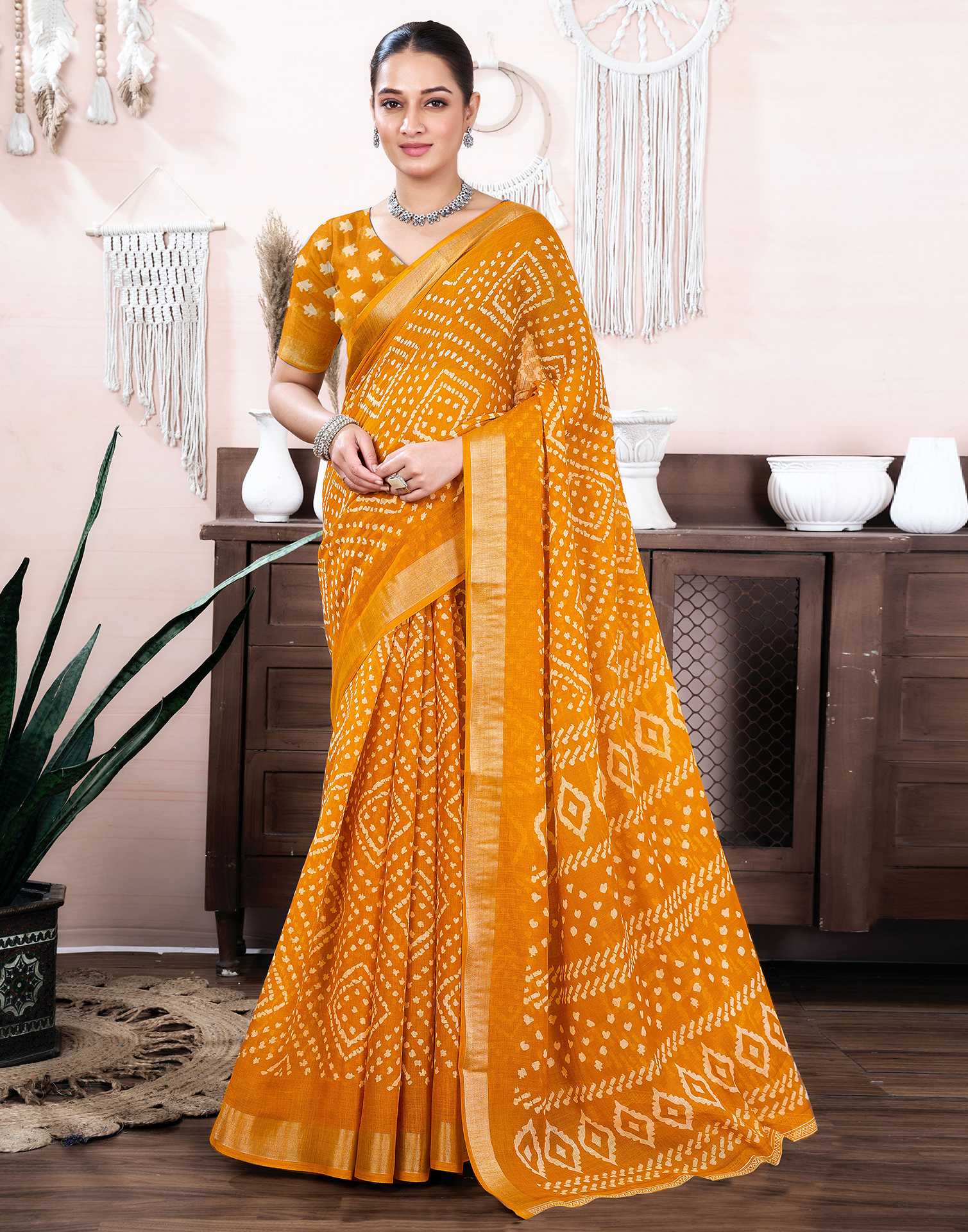 Yellow Cotton Linen Printed Saree