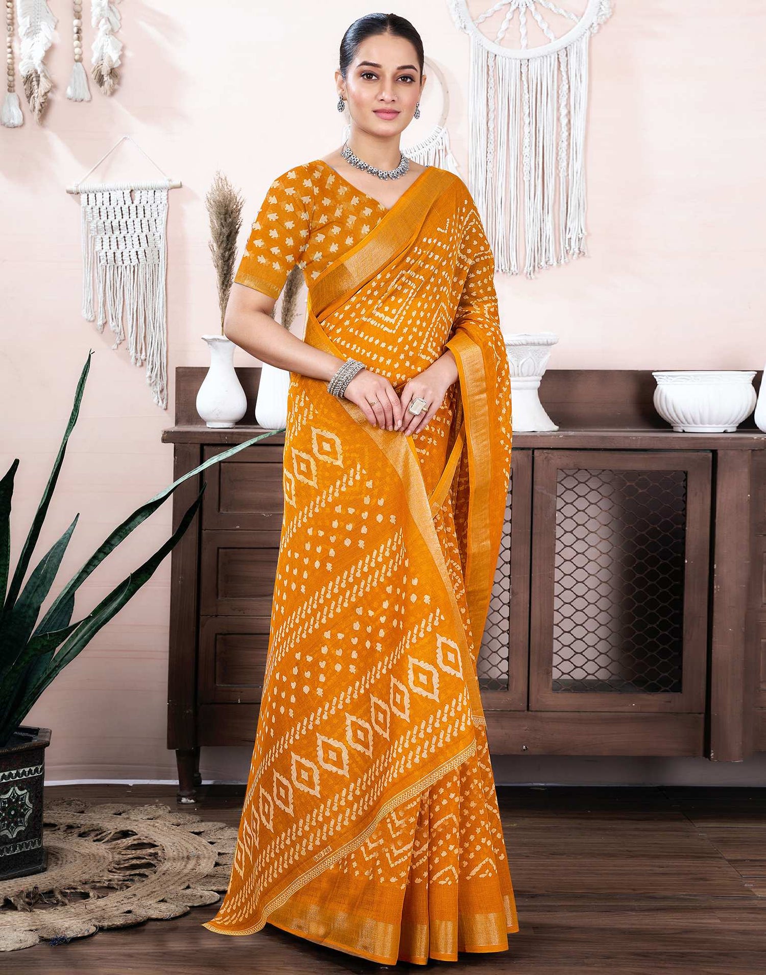 Yellow Cotton Linen Printed Saree