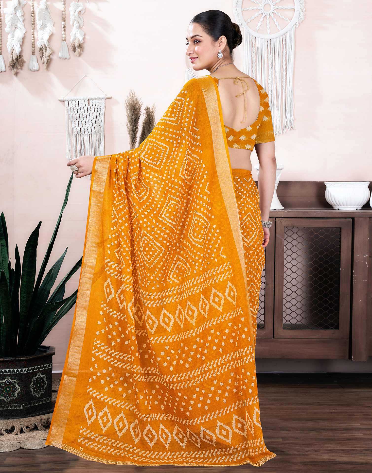 Yellow Cotton Linen Printed Saree