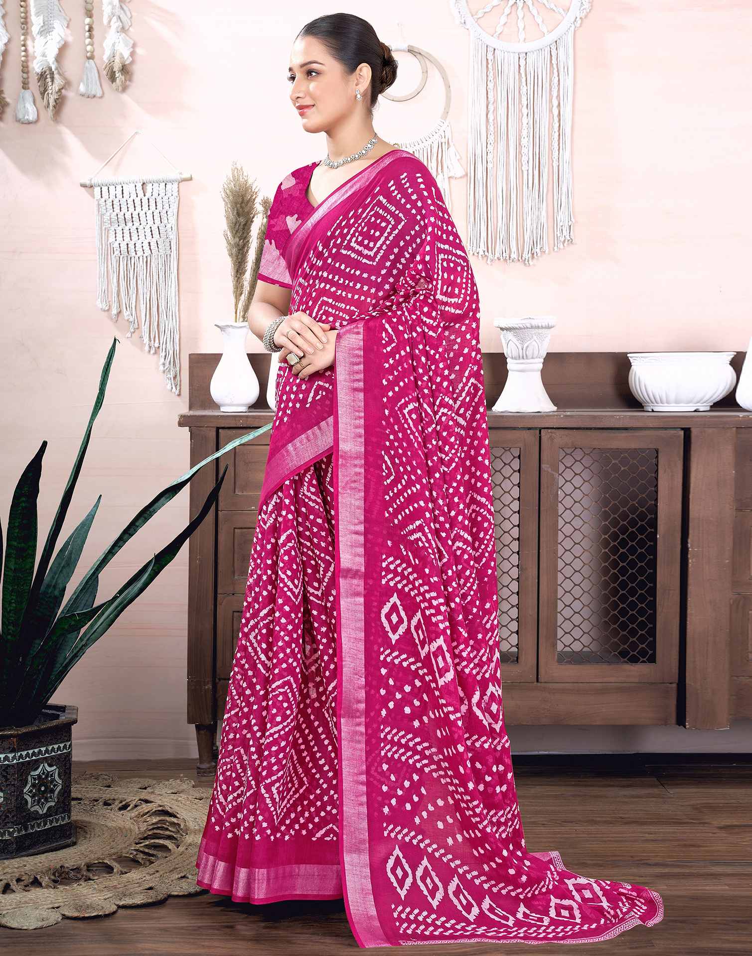 Rani Pink Cotton Linen Printed Saree