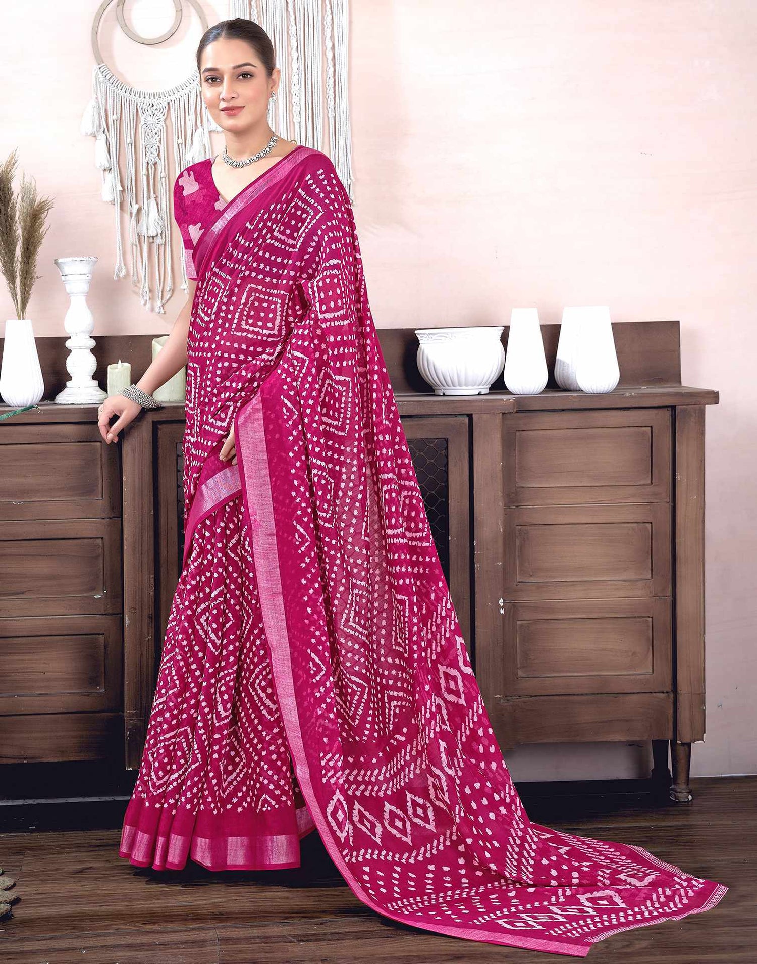 Rani Pink Cotton Linen Printed Saree