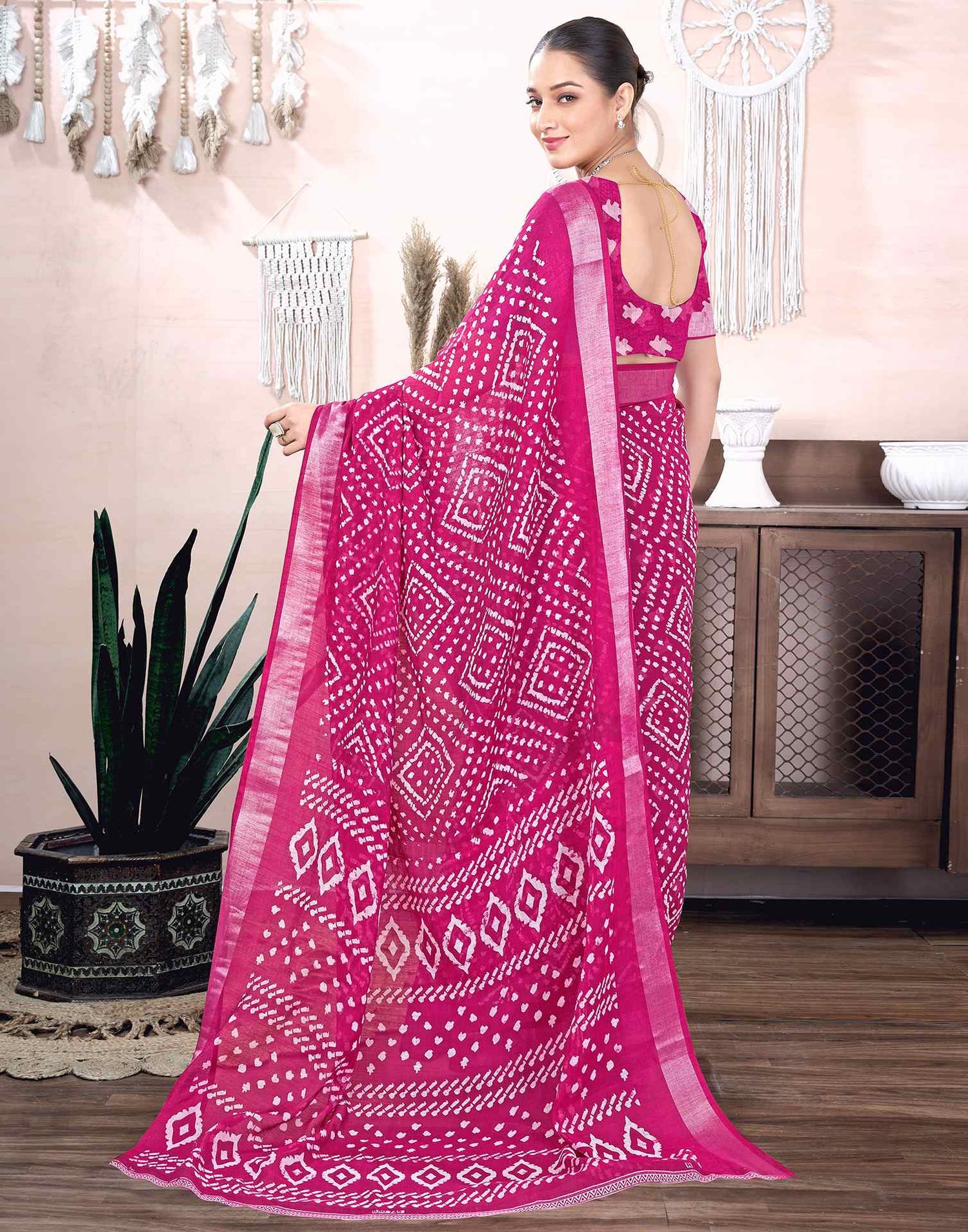 Rani Pink Cotton Linen Printed Saree